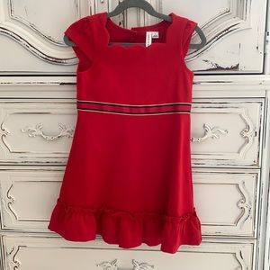 Size 5 Janie & Jack dress. Red.  striped waistband, scallop neckline.